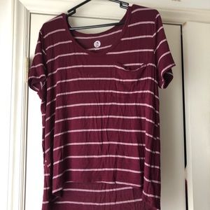 maroon shirt with pink and white tint stripes